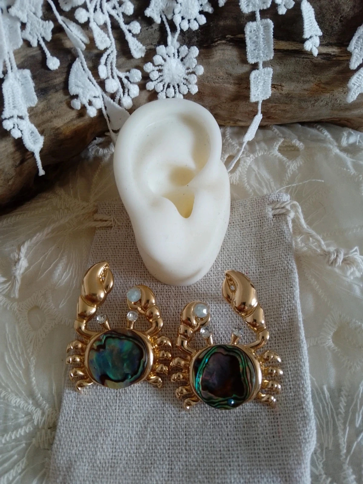 Boucles d'oreilles bohèmes crabes avec pierres naturelles aigue marine et abalone ormeaux – photo 2